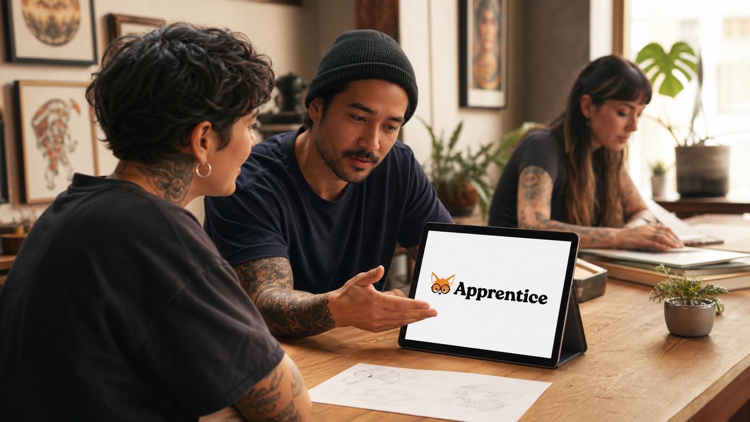 Tattoo artist showing a tablet with the Apprentice logo to a client in a creative studio filled with framed art and plants.