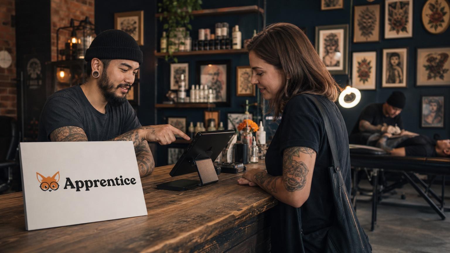 Tattoo artist showing a tablet POS system to a customer at a wooden counter in a studio decorated with framed flash art.