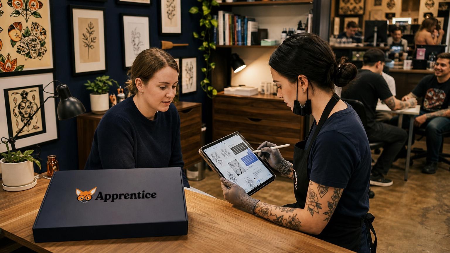 Tattoo artist with floral arm tattoos showing a digital design on a tablet to a client in a studio decorated with traditional flash art.