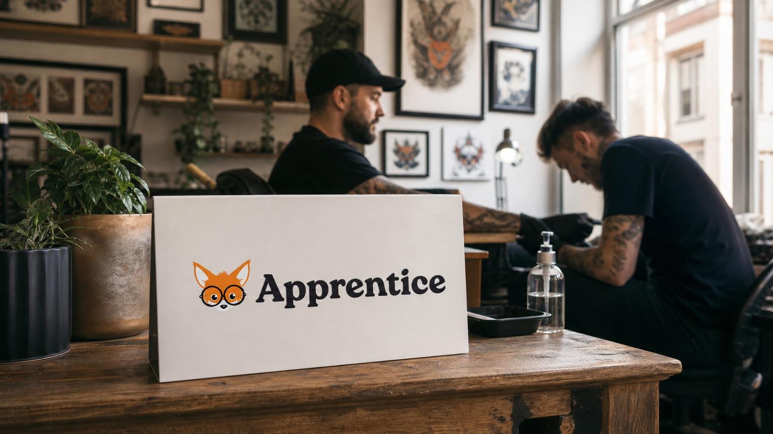 Tattoo artist working on a client's arm in a studio, with an "Apprentice" sign and fox logo on a wooden table in the foreground.