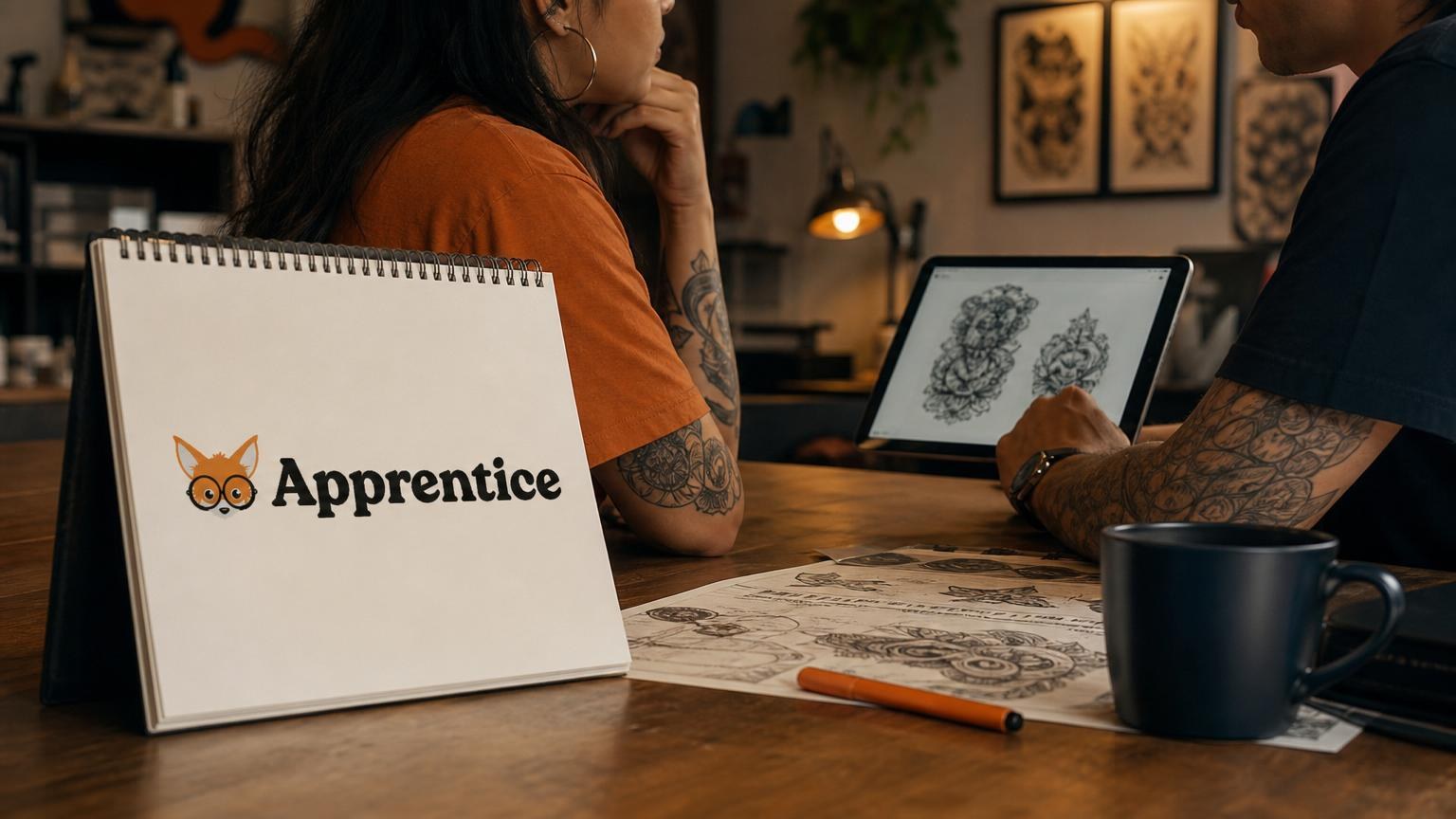 Two people with arm tattoos review floral cover-up designs on a tablet and paper at a wooden desk in a dimly lit tattoo studio.