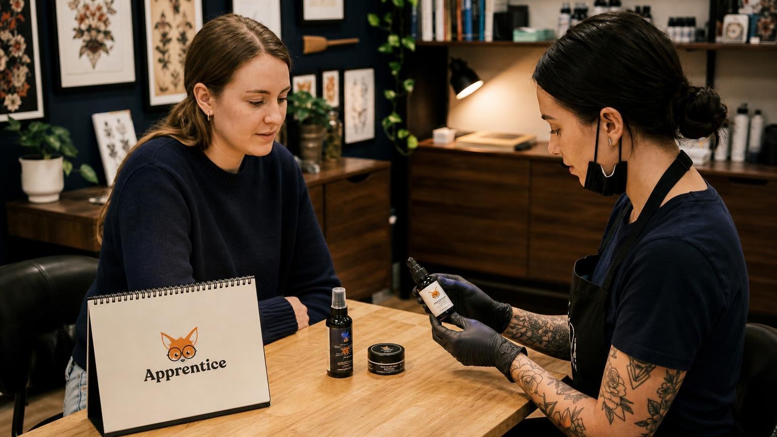 Tattoo artist with arm tattoos and black gloves showing a client aftercare products at a wooden table in a studio.