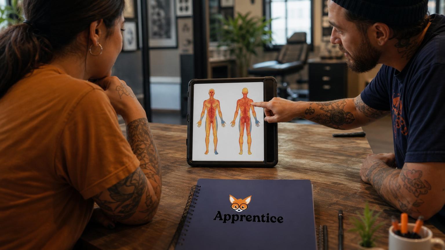 Tattoo artist pointing to a color-coded human body pain chart on a tablet while consulting with a client in a studio.