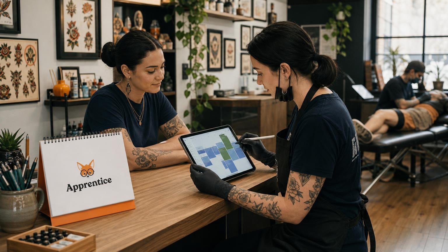Tattoo artist with floral arm tattoos showing a digital schedule on a tablet to a client at a wooden desk in a professional studio.