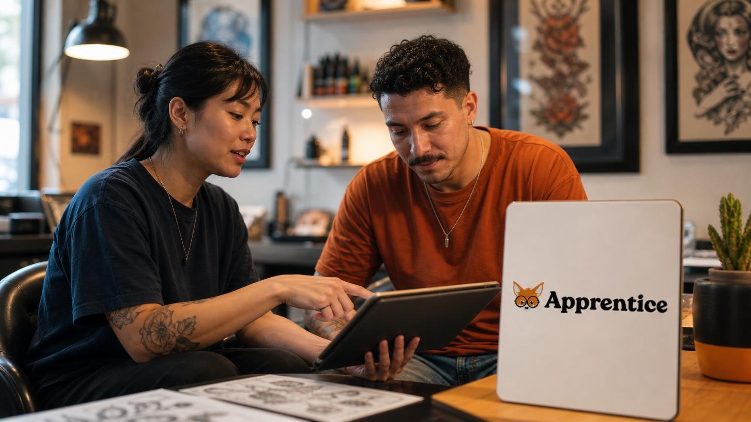 A tattoo artist and client look at a digital tablet together in a studio filled with framed flash art and tattoo supplies.