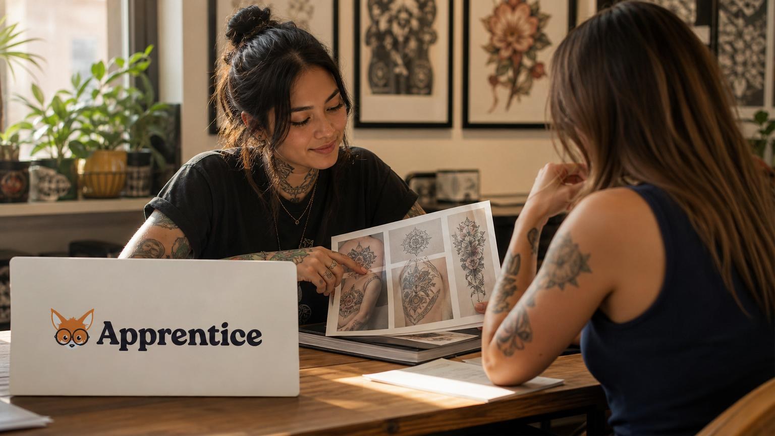 Tattoo artist showing a portfolio of various floral and geometric designs to a client in a bright studio.