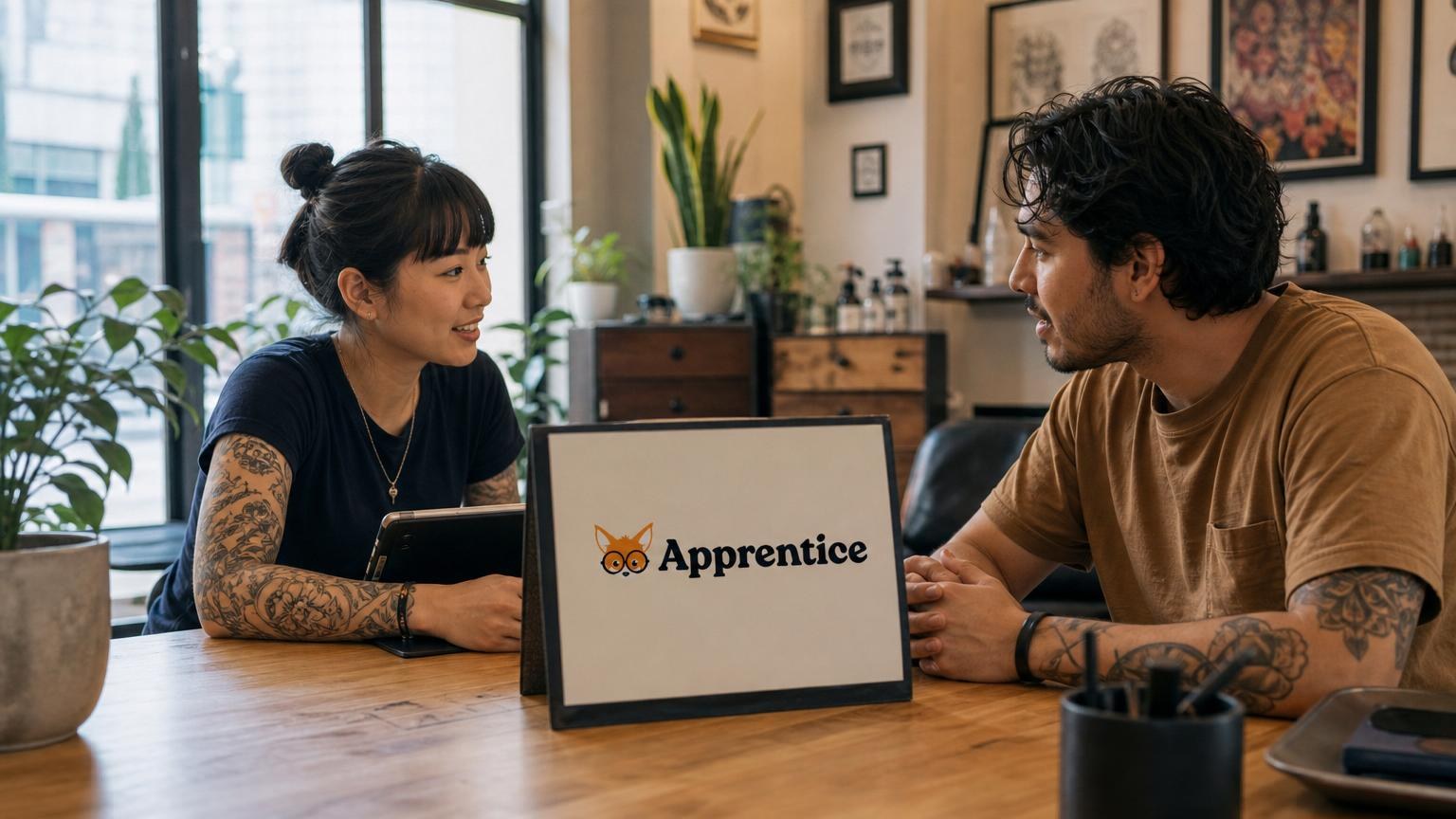 Two tattooed individuals sit at a wooden table in a tattoo studio, discussing a project across a sign that reads "Apprentice.