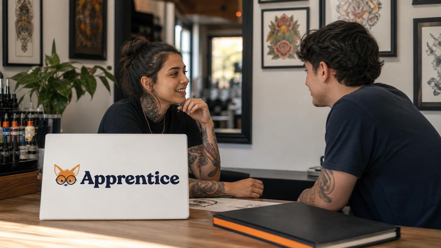 Tattoo artist with neck and arm tattoos smiling while consulting with a young man at a studio desk featuring an "Apprentice" sign.