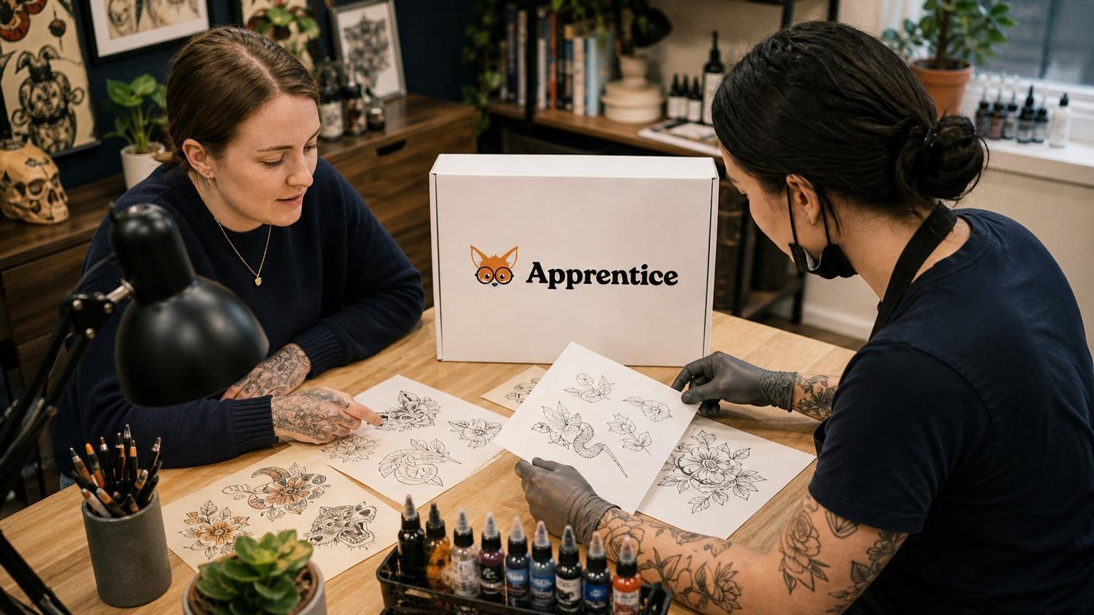 Two tattoo artists review flash drawings at a wooden desk with ink bottles and an "Apprentice" kit box in a professional studio.