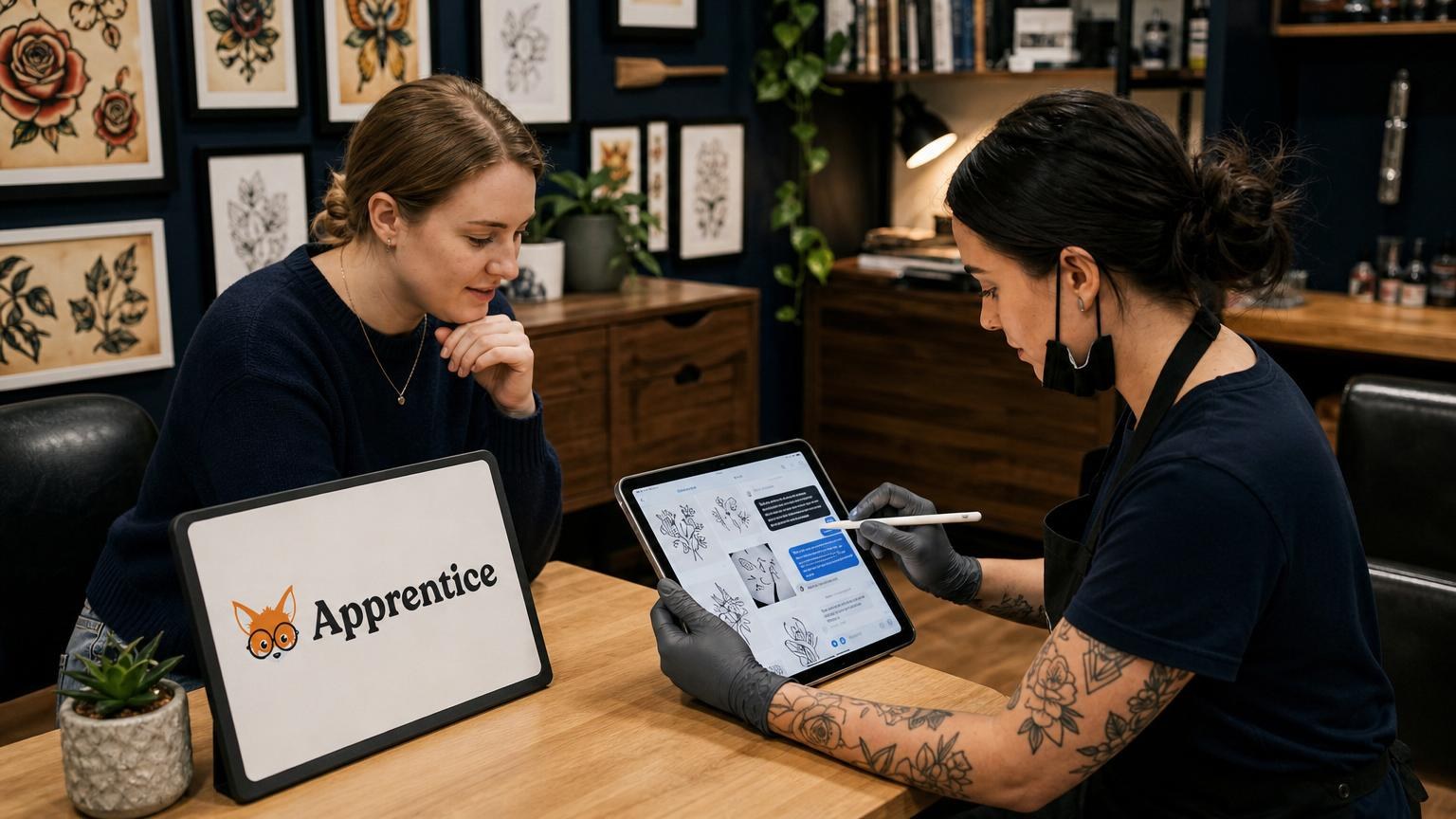 Tattoo artist showing a client design options and Instagram messages on a tablet in a studio filled with framed flash art.