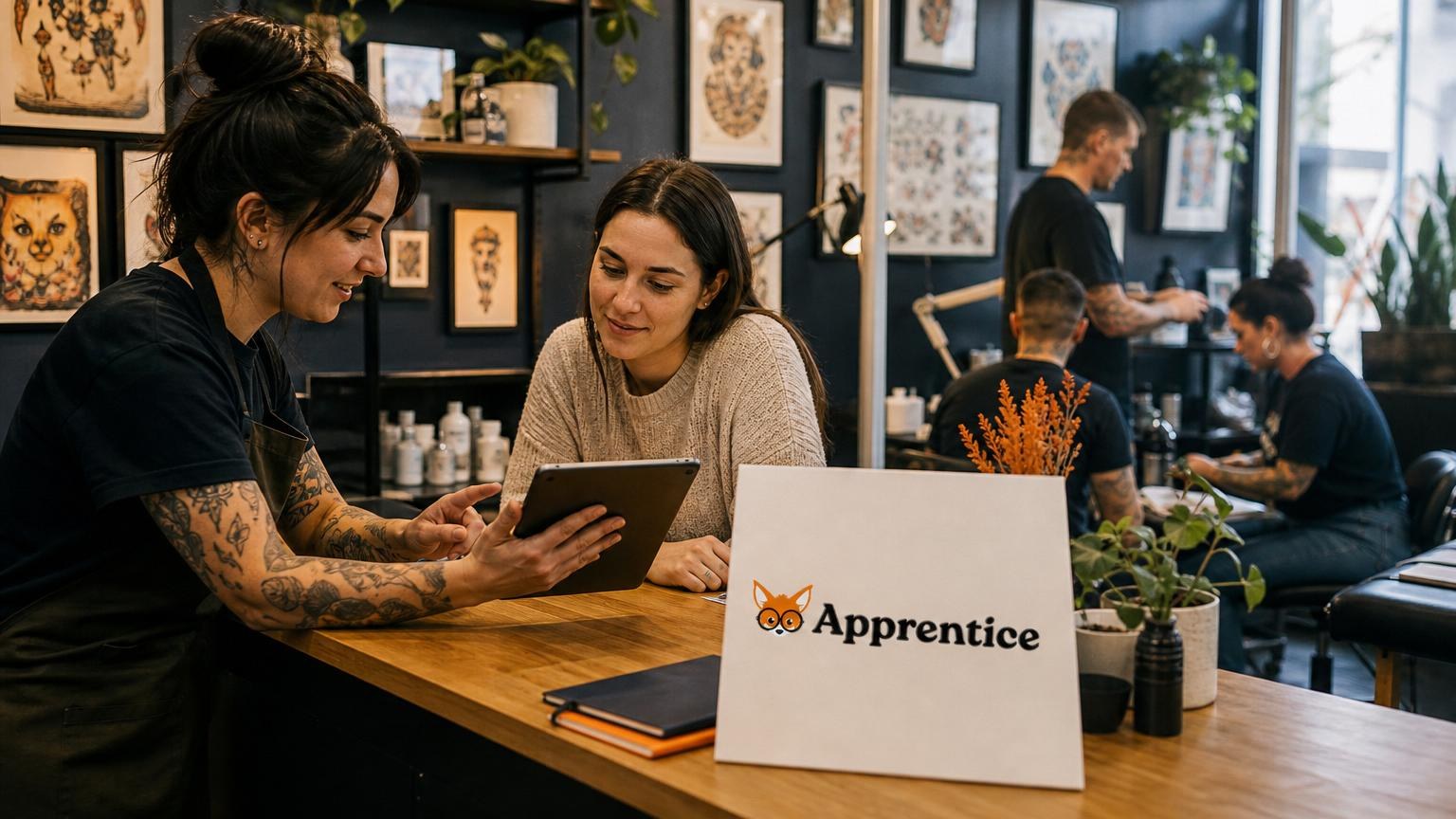 Tattoo artist with arm tattoos showing a digital tablet to a client at a wooden counter in a studio filled with framed flash art.