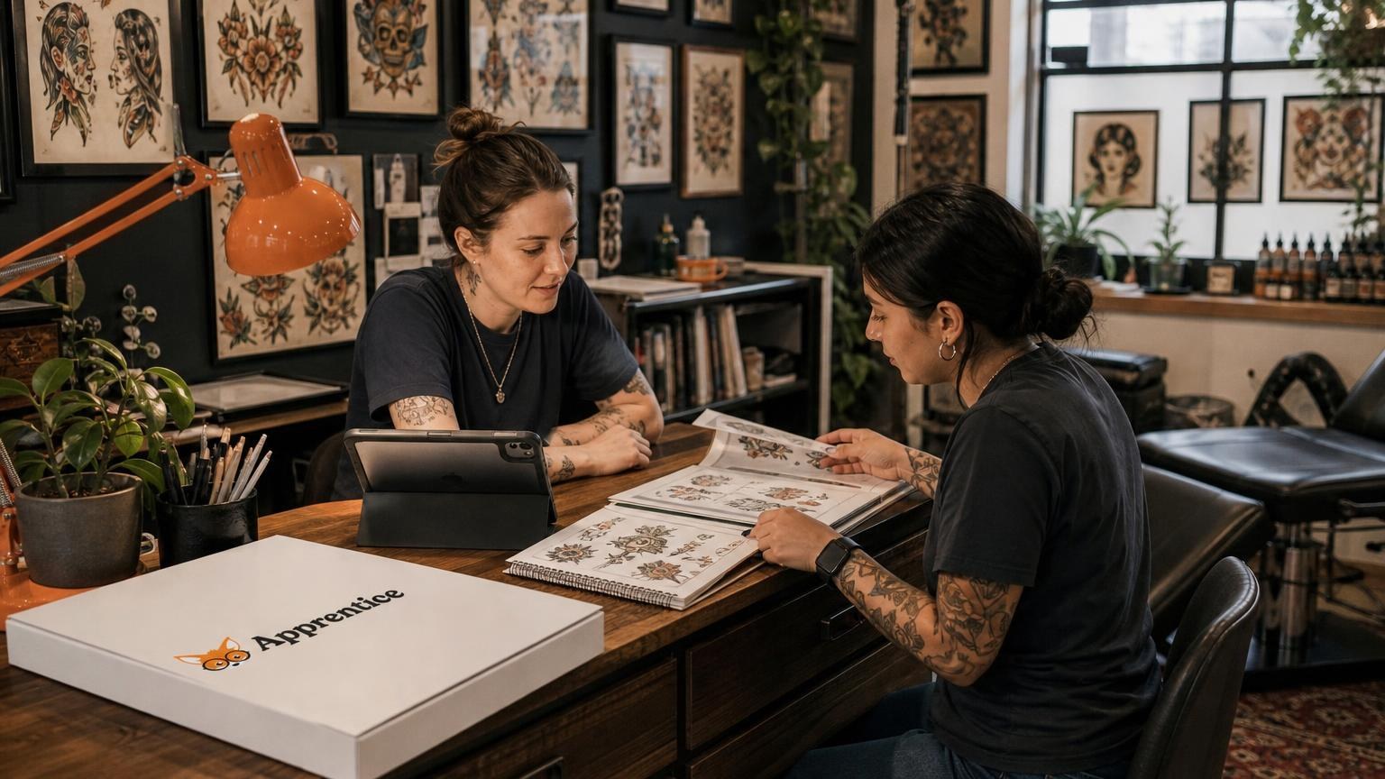 Two women review a tattoo flash portfolio at a wooden desk in a studio filled with framed artwork and an orange desk lamp.