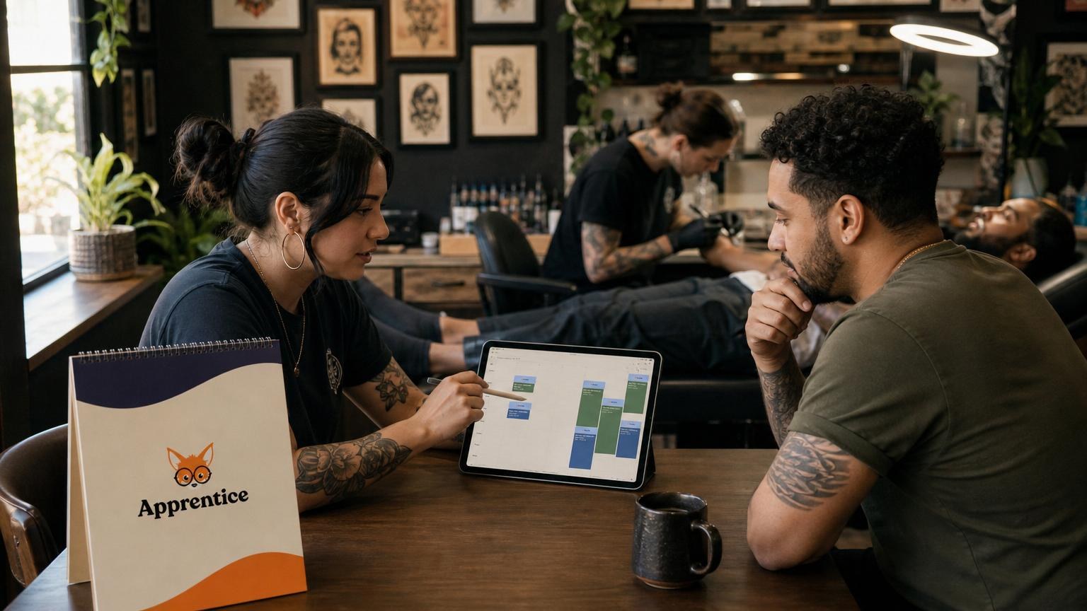 Tattoo artist showing a digital booking calendar on a tablet to a client in a studio with framed art and another artist working in the background.