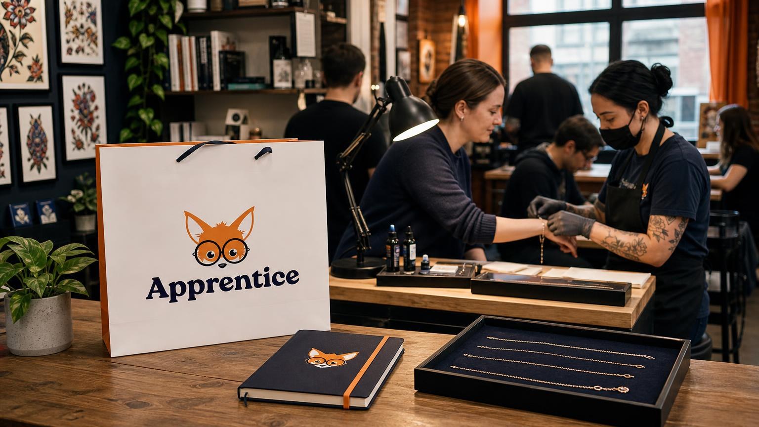 Jewelry artist in a mask and gloves welding a permanent bracelet onto a customer's wrist in a studio with Apprentice branded bags and notebooks.