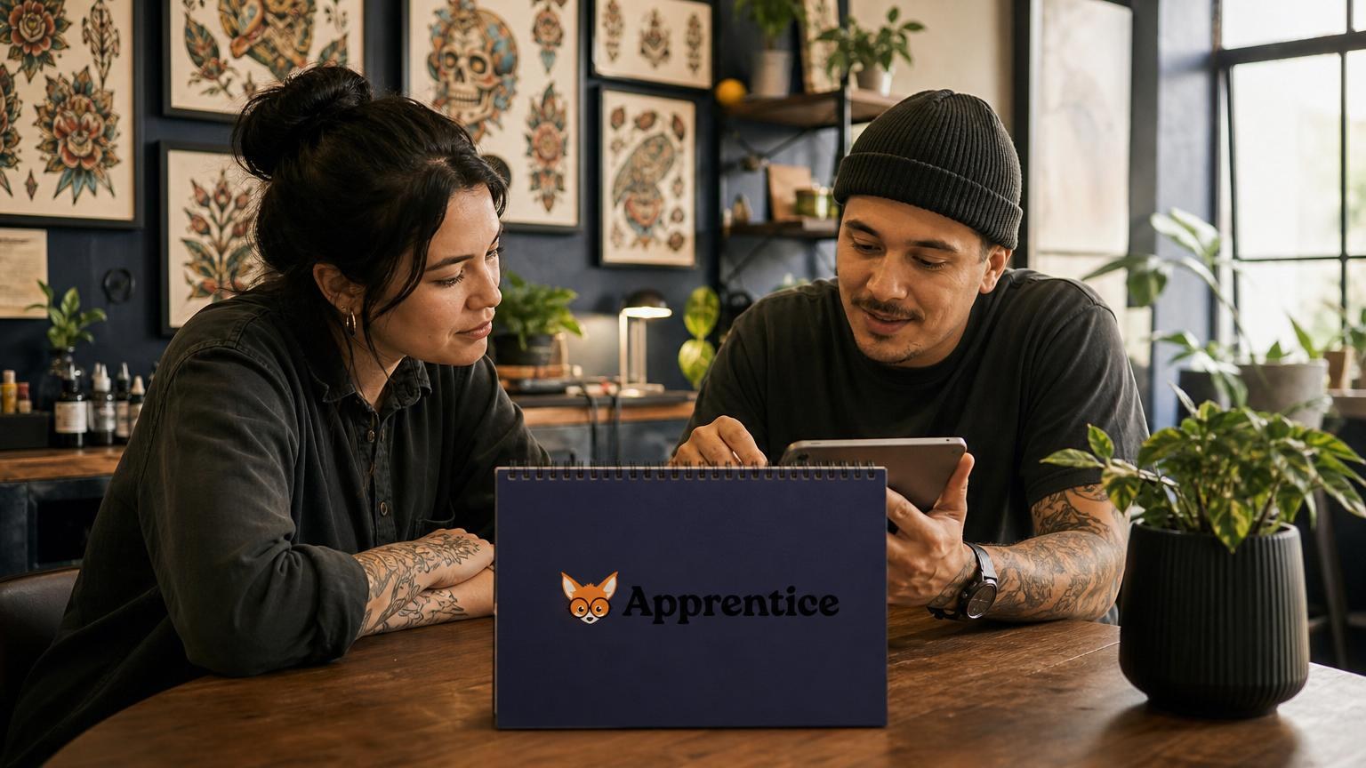 Two tattoo artists with arm tattoos look at a tablet together in a studio decorated with framed flash art and potted plants.