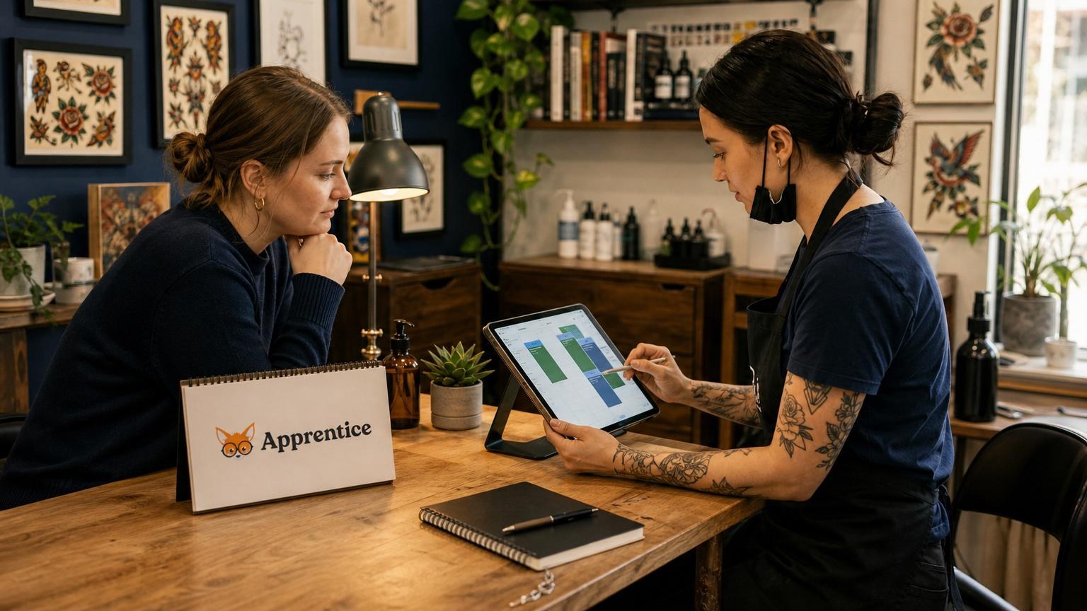 Tattoo artist with arm tattoos showing a digital calendar on a tablet to a client in a studio decorated with framed flash art.