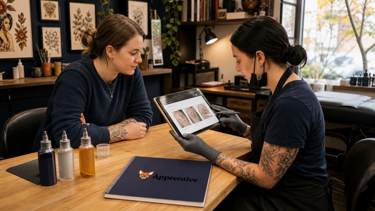 Tattoo artist in black gloves showing a client removal progress photos on a tablet in a professional studio setting.