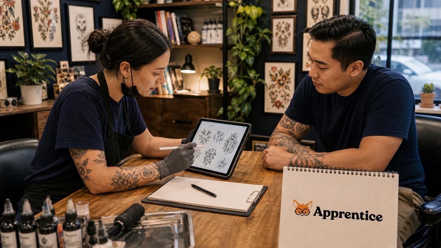 Tattoo artist in a studio showing floral design sketches on a tablet to a client during a consultation at a wooden desk.
