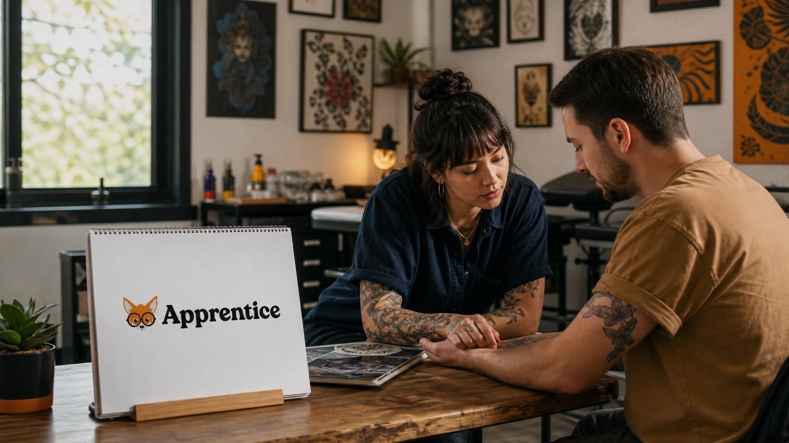 Tattoo artist examining a client's forearm in a studio decorated with framed art, featuring an "Apprentice" sign in the foreground.