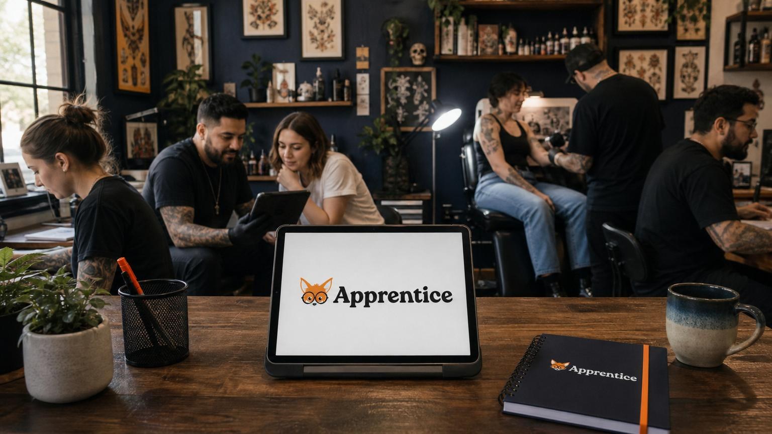 Tablet displaying the Apprentice logo on a wooden desk in a busy tattoo studio with artists working on clients in the background.