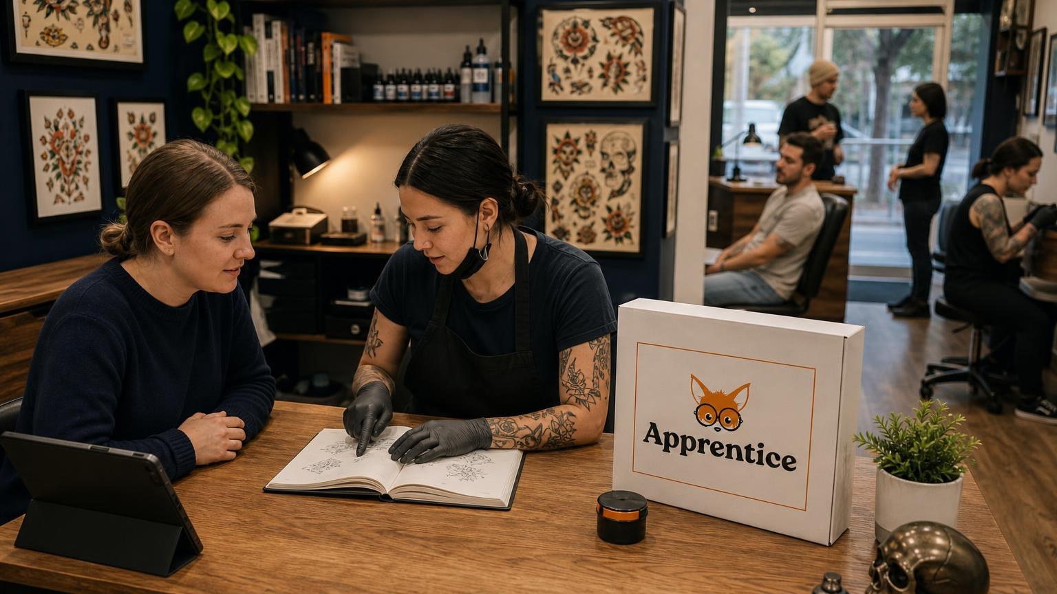 Tattoo artist in a studio reviewing a sketchbook with a student next to a white box labeled "Apprentice" featuring a fox logo.