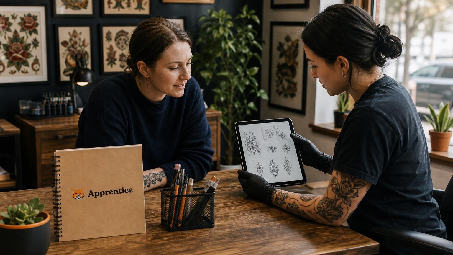 Tattoo artist showing floral designs on a tablet to a client at a wooden desk in a studio decorated with framed flash art.