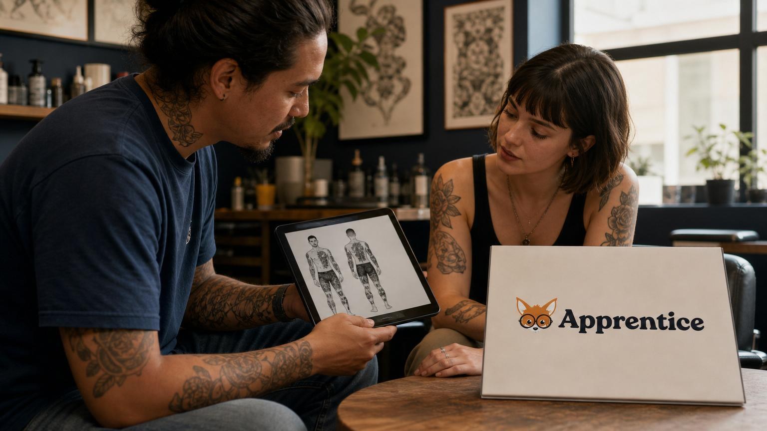 Tattoo artist showing a client a digital tablet displaying body placement diagrams for various tattoo designs in a professional studio.