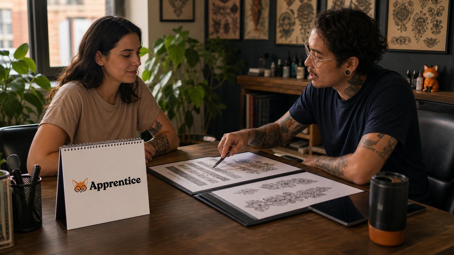 Tattoo artist pointing to design sketches while consulting with a client at a wooden desk in a studio decorated with flash art.