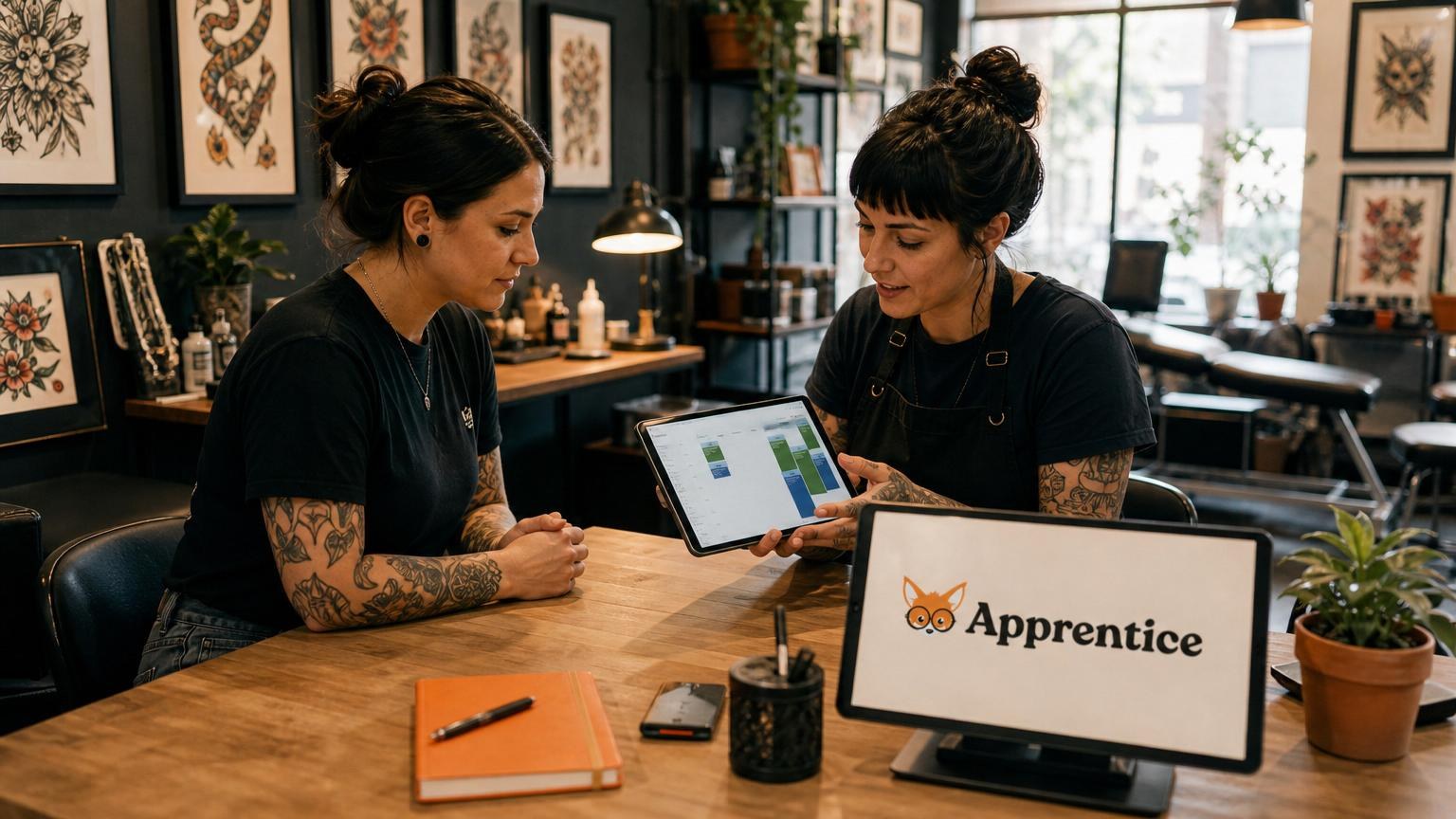 Tattoo artist showing a digital booking calendar on a tablet to a client in a studio filled with framed flash art.