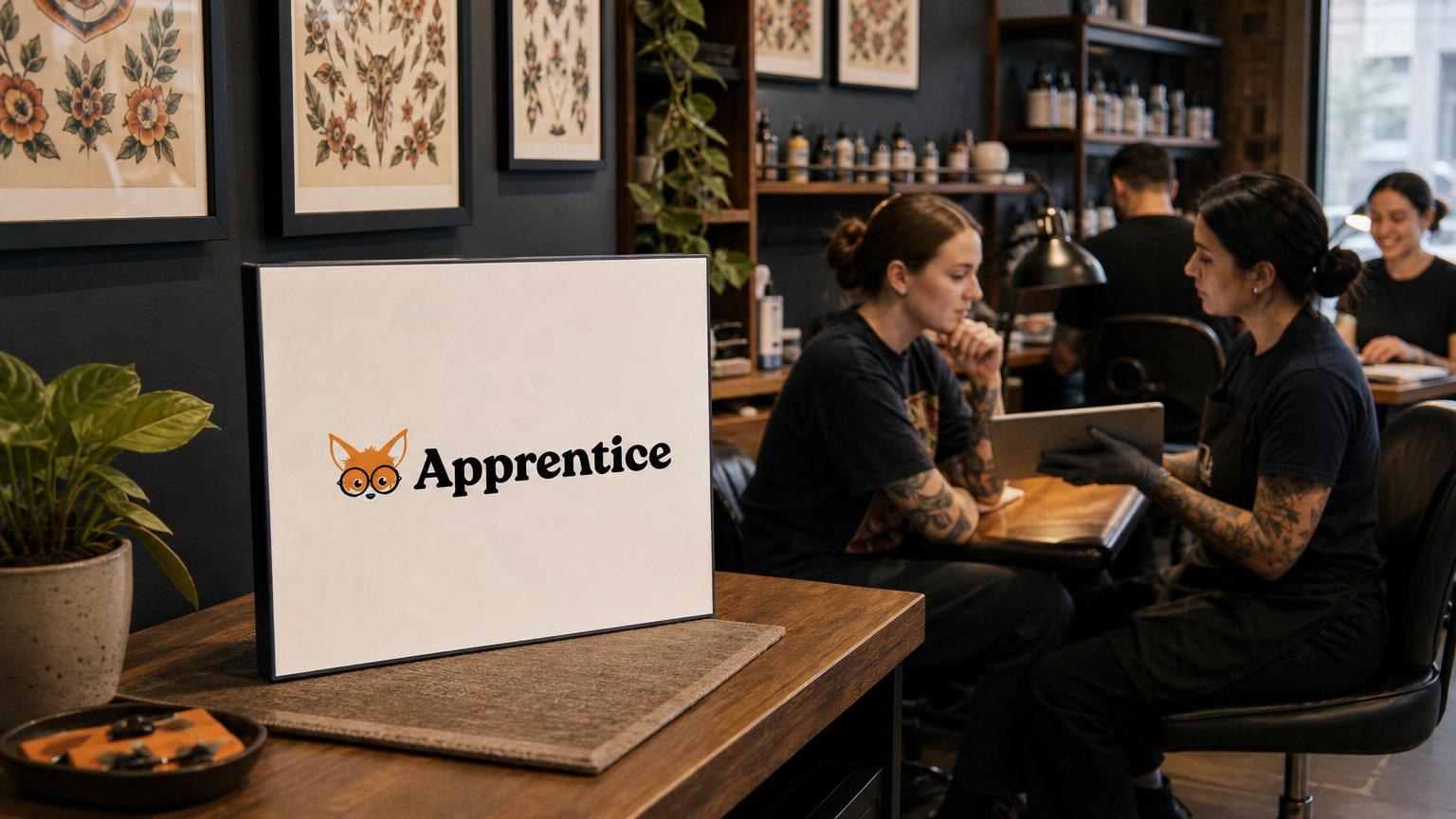 Tattoo shop interior with an "Apprentice" sign on a table, while artists and clients discuss designs in the background.