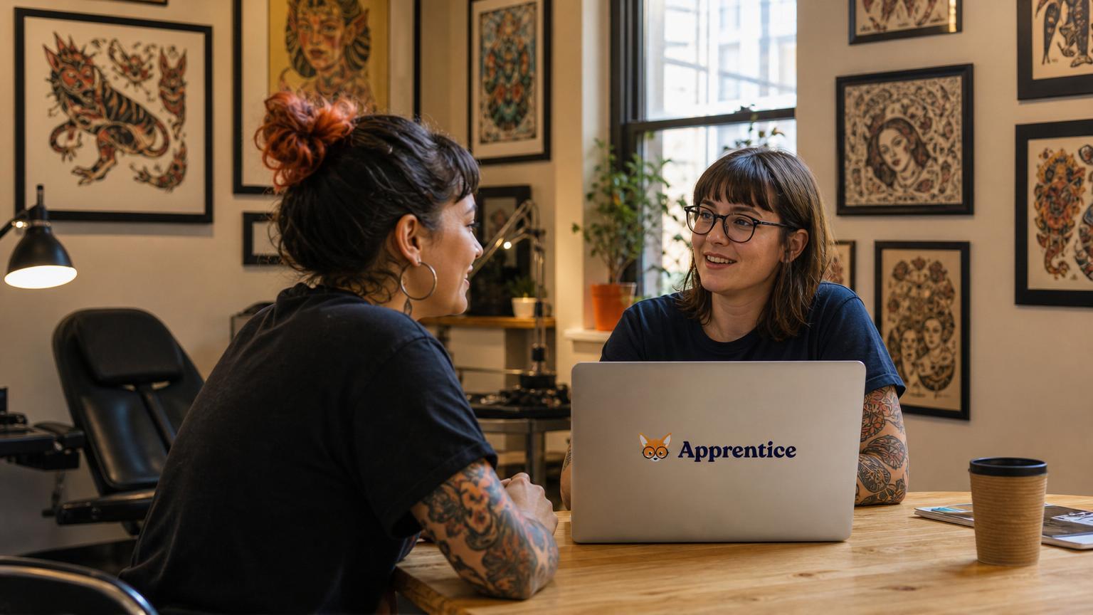 Two tattooed artists discussing studio operations over a laptop in a shop lined with framed flash art.