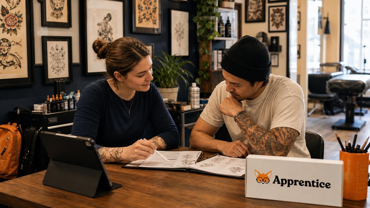 Two tattoo artists review paperwork and designs at a wooden desk in a studio decorated with framed flash art and professional equipment.