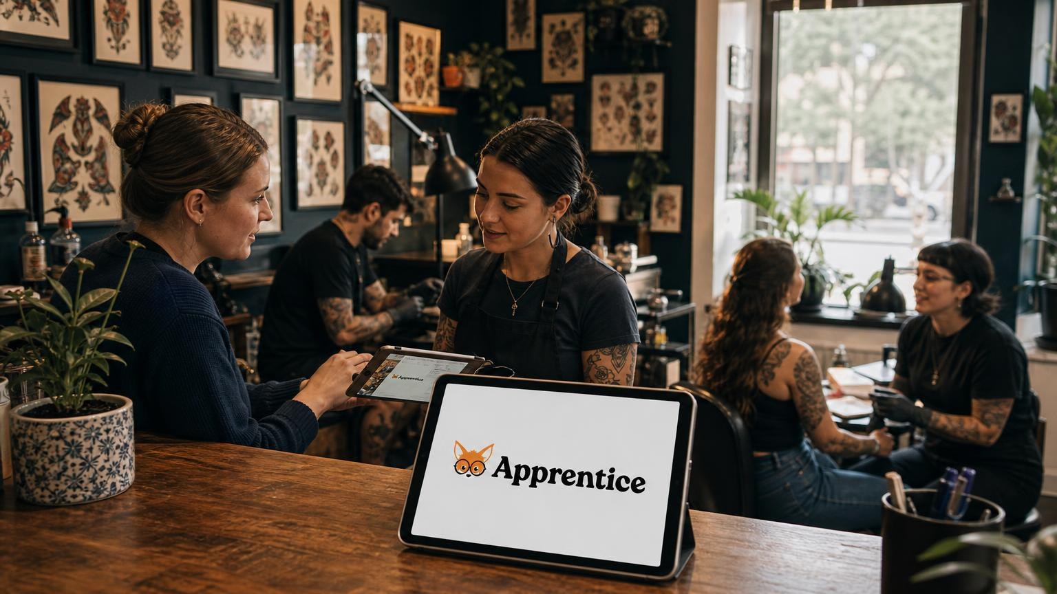 Tattoo artist showing a tablet to a client in a busy studio with framed flash art on dark walls and an Apprentice software logo on a foreground screen.