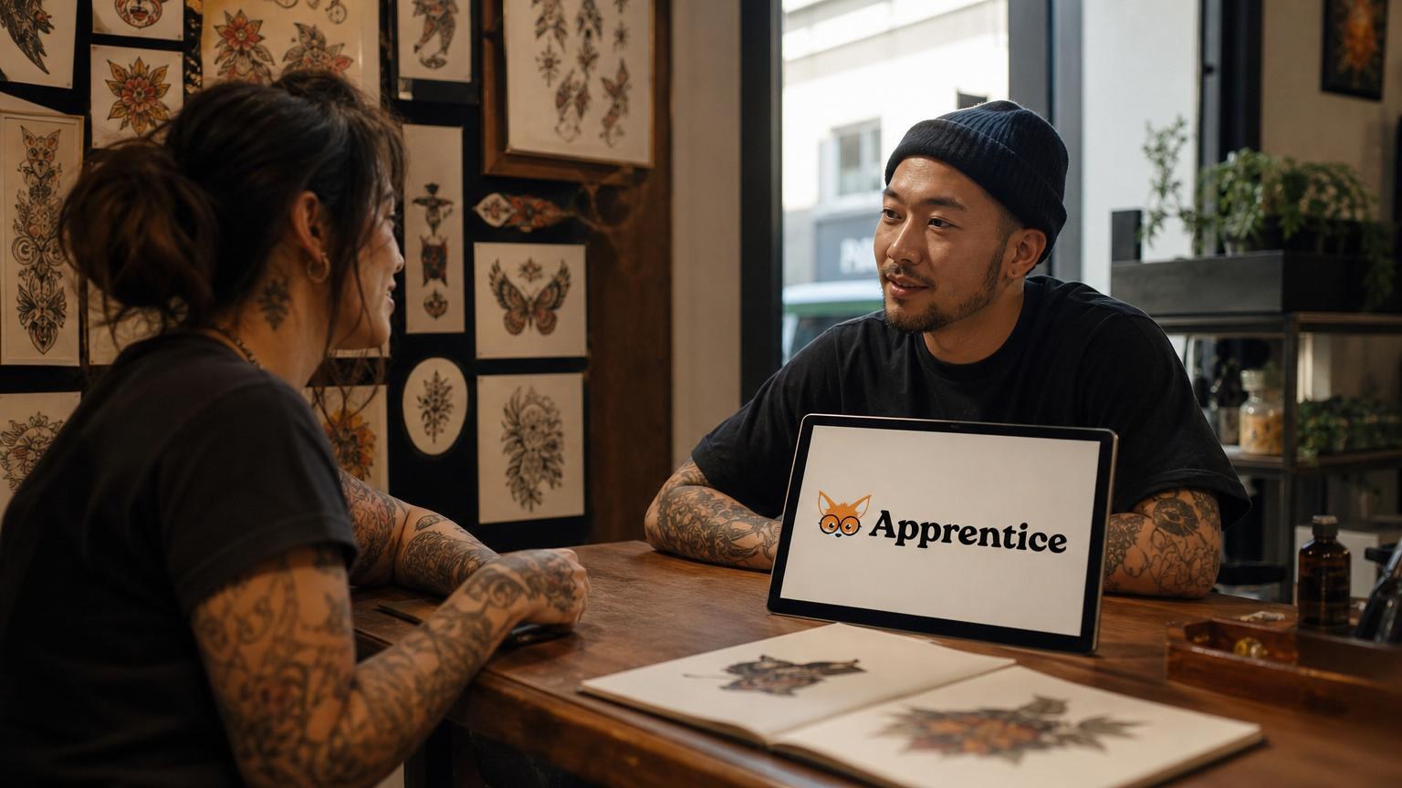 Tattoo artist in a beanie discussing designs with a client over a tablet and sketchbook in a studio filled with flash art.
