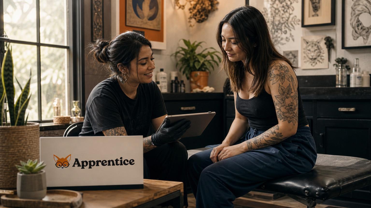A woman in a black tank top and loose pants reviews a tablet with a tattoo artist in a studio filled with plants and framed art.