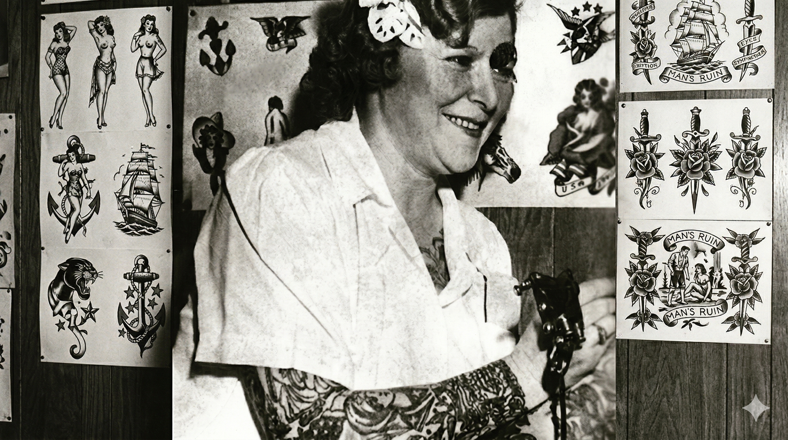 Mildred Hull smiling in front of traditional American tattoo flash sheets in her Bowery studio