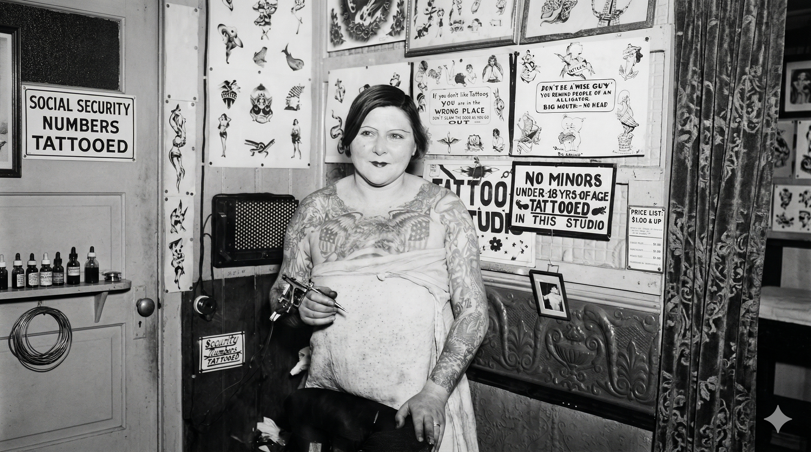 Mildred Hull posing with a tattoo machine in her Bowery tattoo parlor surrounded by flash art and studio signs