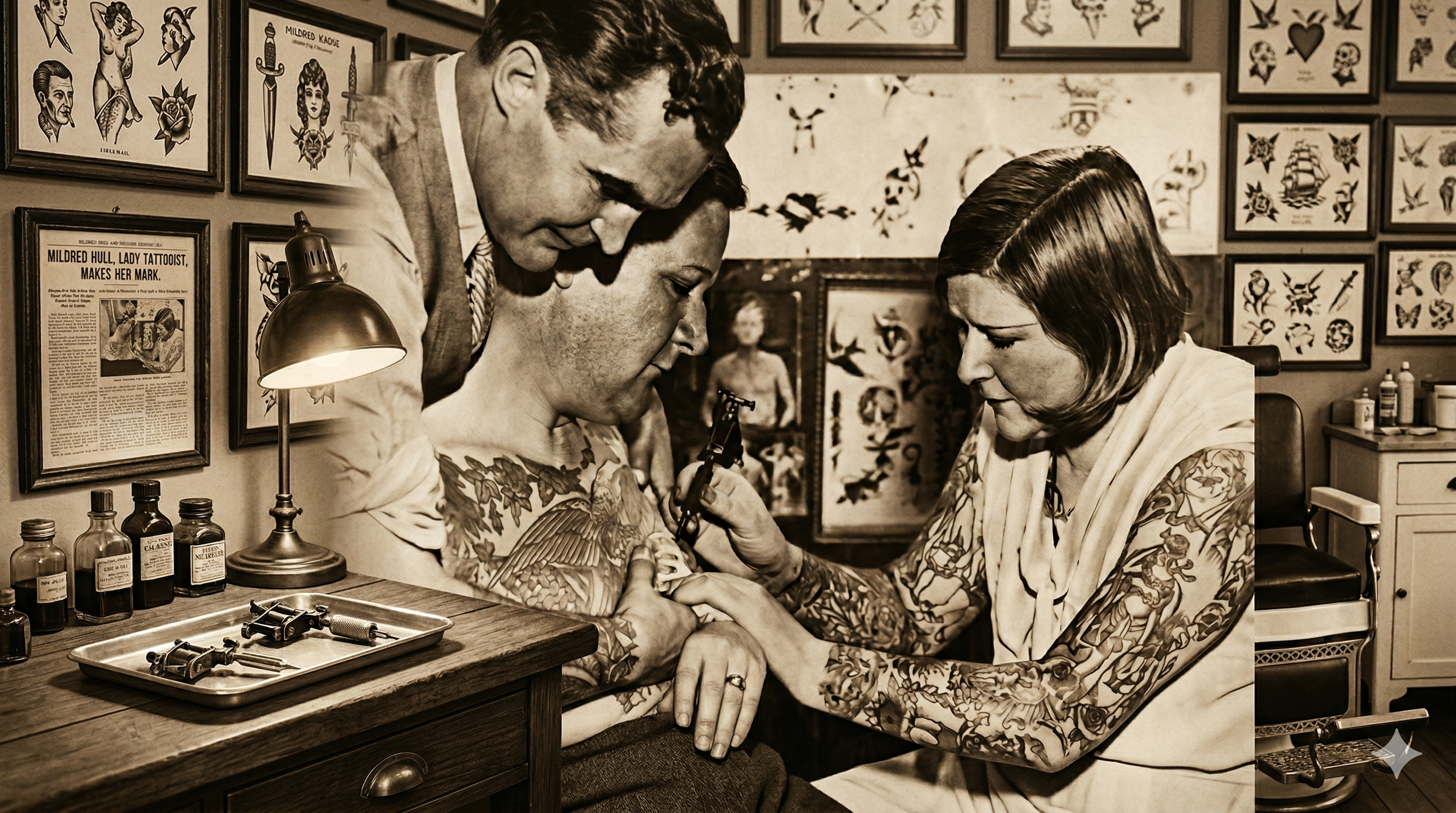 Mildred Hull tattooing a client's arm in her Bowery studio with flash art covering the walls